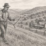 Water Divining: A water diviner walks an Appalachian hillside with a forked branch in this artist's rendering, illustrating a folk tradition that generations of mountain families sometimes consulted when choosing locations for new wells.