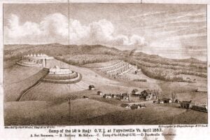 Based on a contemporary Civil War sketch, this illustration depicts Union-held Fayetteville about one month before the Battle of Fayetteville. Fort Scammon occupied the ridge overlooking the town, where Confederate artilleryman Milton W. Humphreys would later make military history.
