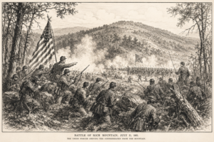 Union and Confederate soldiers clash atop Rich Mountain during the Battle of Rich Mountain on July 11, 1861. At a gap on the mountain west of Beverly, one of the Civil War's earliest and most significant engagements helped secure western Virginia for the Union. (WVExplorer illustration)