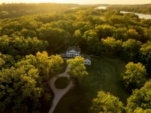 A drone view captures Blennerhassett Island Historical State Park in the Ohio River near Parkersburg, where the reconstructed Blennerhassett Mansion stands amid mature trees. Once the estate of Harman and Margaret Blennerhassett, the island became the setting for Aaron Burr's mysterious western expedition and today is one of West Virginia's most distinctive historic destinations.