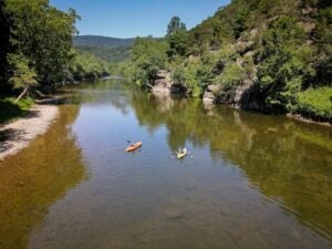 Kayakers paddle the Cacapon River near its mouth on the Potomac River at Great Cacapon. (Photo courtesy WVU)