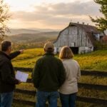 A couple tours a mountain property with a West Virginia Realtor while overlooking a historic barn and rolling Appalachian hills.