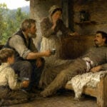 Wounded Confederate Capt. DeLaguel receives water and shelter from the White family after reportedly crawling for three days through the Allegheny wilderness following the Battle of Rich Mountain in July 1861. The scene is based on a long-preserved Randolph County tradition. (WVExplorer illustration)