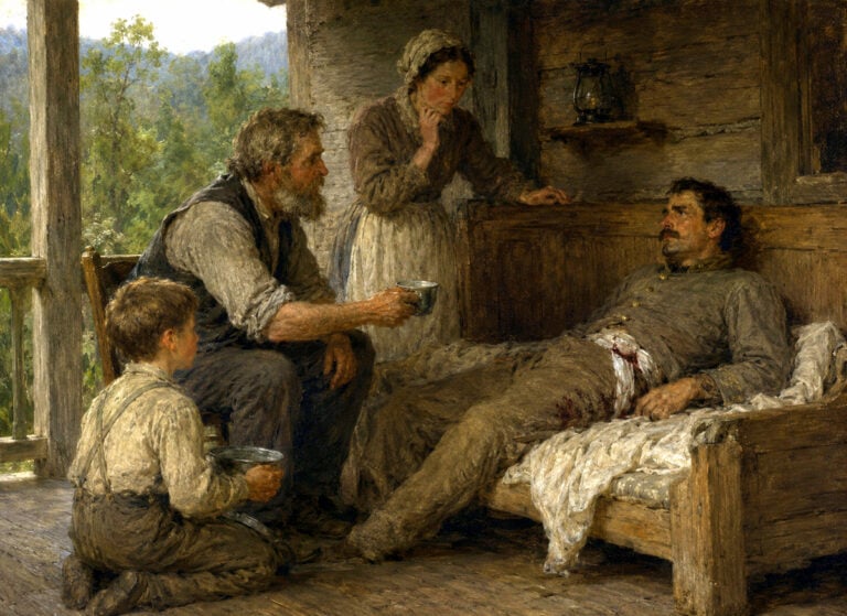 Wounded Confederate Capt. DeLaguel receives water and shelter from the White family after reportedly crawling for three days through the Allegheny wilderness following the Battle of Rich Mountain in July 1861. The scene is based on a long-preserved Randolph County tradition. (WVExplorer illustration)
