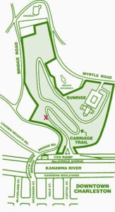A map of Charleston's Carriage Trail shows the route from MacCorkle Avenue to Sunrise, including the location of the Civil War monument discussed in this story.