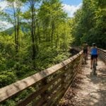 Cyclists ride the Rend Trail, one of the easiest and most scenic routes through New River Gorge National Park and Preserve. The historic former railroad corridor is scheduled to reopen in 2027 following an $11.8 million rehabilitation project.