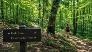 A hiker sets out along the Fayetteville Trail in the New River Gorge National Park and Preserve, where an extensive network of trails often surprises first-time visitors expecting only a quick stop at the park.