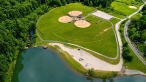 An aerial view shows the ballfields and fishing lake at Fitzpatrick Park, one of Raleigh County's recreation hubs offering opportunities for youth sports, fishing, walking, and outdoor gatherings.
