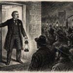 An illustration depicts Deputy Sheriff T.S. "Flintlock" Perry confronting an angry mob outside the Kanawha County jail. According to later accounts, Perry offered his own life in an attempt to prevent a lynching. (WVExplorer Illustration)