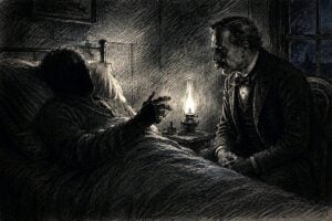 Gov. George W. Atkinson listens as a dying man reportedly confesses to the 1875 murder of coal miner Tom Lee, claiming that Rufus Estep and John Dawson were innocent. The alleged confession, revealed years later, became one of the most enduring mysteries surrounding Charleston's notorious lynch mobbing. (WVExplorer Illustration)