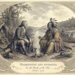 George Washington meets Seneca leader Guyasuta beside the Ohio River during his 1770 expedition into the western frontier. Washington later wrote that Native ceremonial customs delayed his departure as the two men discussed the country beyond the Ohio, a meeting that reflected the diplomacy shaping the future American frontier.