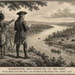 George Washington and the Seneca leader Guyasuta overlooking the Ohio River near the mouth of Big Sandy Creek during Washington's 1770 expedition through the Ohio Valley. The two longtime acquaintances camped together before discussing the frontier lands that would later become part of West Virginia.