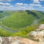 Panoramic view of New River Gorge from Grandview Overlook in New River Gorge National Park and Preserve, West Virginia.