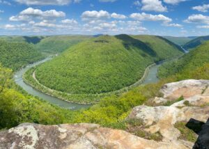 Panoramic view of New River Gorge from Grandview Overlook in New River Gorge National Park and Preserve, West Virginia.
