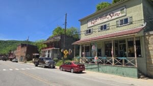 Shops line the main street through historic downtown Durbin, West Virginia