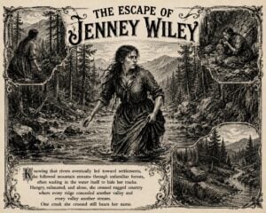 Alone among the mountains, Jenny Wiley follows rushing streams through one of eastern North America's last great wildernesses in search of freedom. This nineteenth-century-style illustration imagines her remarkable escape.