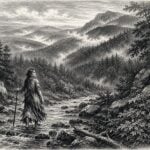Alone in the vast Appalachian wilderness, Jenny Wiley follows a rocky mountain stream toward freedom in this imagined late nineteenth-century-style wood engraving inspired by her legendary escape.