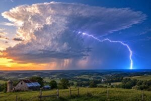 Lightning travels outward from the anvil of a distant cumulonimbus cloud before striking the ground beneath an otherwise blue sky. Meteorologists have documented such strikes more than 20 miles from the parent storm, offering one possible explanation for historical accounts of lightning appearing to come from a clear sky.