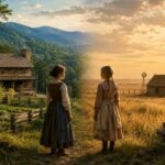An illustration contrasts two American frontiers—the forested mountains of early West Virginia and the open prairie later immortalized by Laura Ingalls Wilder—revealing how pioneer life unfolded across very different landscapes and generations.