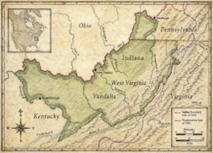 A stylized colonial-era map depicts the proposed Colony of Vandalia, a vast British colony planned in the Ohio Valley during the early 1770s. Though never formally established, the colony would have encompassed much of present-day West Virginia and neighboring regions before the American Revolution halted the ambitious land scheme.