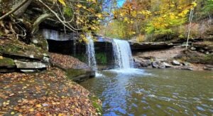 Meadow Creek Falls tumbles through a forested gorge near Meadow Bridge, offering visitors one of the scenic natural attractions of southern Fayette County.