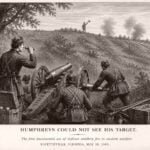 Historical artist's interpretation of Sgt. Milton W. Humphreys directing Confederate artillery during the Battle of Fayetteville on May 19, 1863. Hidden behind a wooded ridge and unable to see Union-held Fort Scammon, Humphreys is credited with the first documented use of indirect artillery fire in modern warfare.