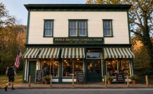 Conceptual rendering: The historic Prince Brothers General Store restored as a welcoming destination for visitors, offering local foods, outdoor gear, and Appalachian products while serving as a gateway to the New River Gorge.