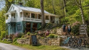 Conceptual rendering: A vacant historic building adapted into a café and bicycle shop serving visitors exploring the New River Gorge by trail, road, and river.