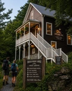 Conceptual rendering: A historic Thurmond residence reimagined as short-term lodging for hikers, cyclists, climbers, and paddlers, demonstrating how adaptive reuse could support the New River Gorge's growing outdoor recreation economy.