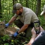 Hikers document an apparently ill white-tailed deer they encounter along a wooded West Virginia trail, illustrating the kind of observation that can now be reported through the West Virginia Division of Natural Resources' new online Wildlife Disease and Mortality Reporting Tool.