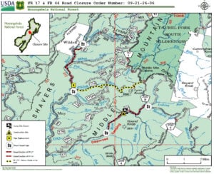 This Forest Service map shows the temporary road closures and detour routes associated with construction projects in the Upper Greenbrier River watershed. The work will affect portions of Forest Roads 17, 44 and 86 while improving stream crossings and repairing flood-damaged roads.