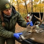 A West Virginia Division of Natural Resources wildlife biologist examines a harvested white-tailed deer during field surveillance. Wildlife officials are proposing updates to disease management regulations intended to help slow the spread of chronic wasting disease and other wildlife illnesses. (WVExplorer Image)