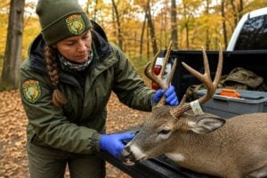 A West Virginia Division of Natural Resources wildlife biologist examines a harvested white-tailed deer during field surveillance. Wildlife officials are proposing updates to disease management regulations intended to help slow the spread of chronic wasting disease and other wildlife illnesses. (WVExplorer Image)