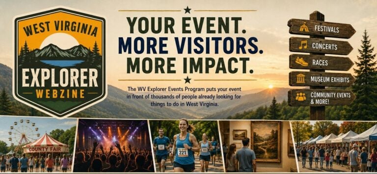 Event organizers across West Virginia can reach thousands of travelers and residents through the WVExplorer Events Program, combining sitewide advertising with placement in the publication's weekly email newsletter. (WVExplorer Illustration)