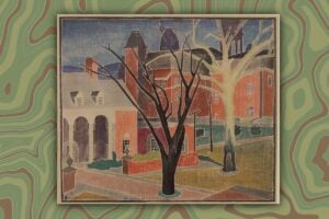 A color woodblock print by West Virginia modernist Blanche Lazzell, "Campus, W.Va. University," is among the artist's celebrated works. Many of Lazzell's prints and paintings will be featured this fall in the largest exhibition ever presented by the Art Museum of WVU. (WVU Illustration)