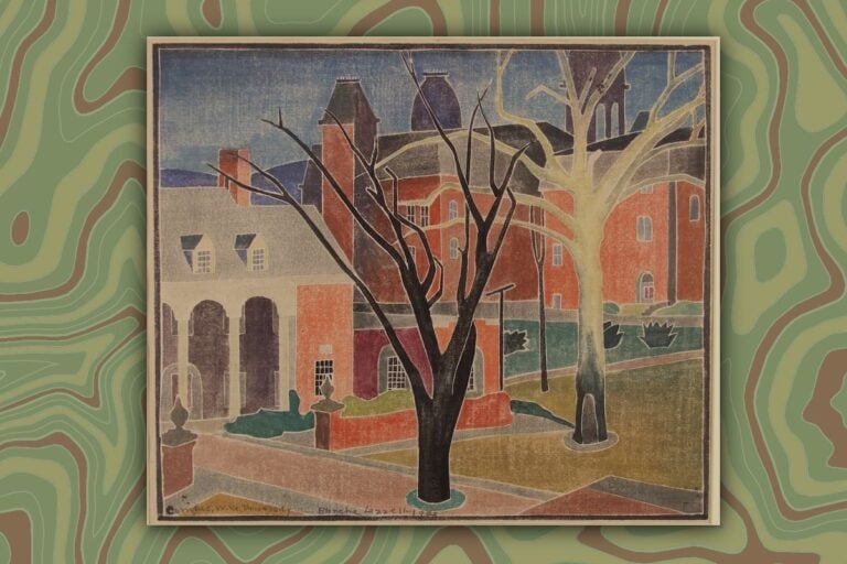 A color woodblock print by West Virginia modernist Blanche Lazzell, "Campus, W.Va. University," is among the artist's celebrated works. Many of Lazzell's prints and paintings will be featured this fall in the largest exhibition ever presented by the Art Museum of WVU. (WVU Illustration)