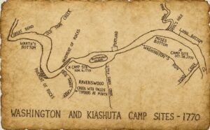 An eighteenth-century map traces the Ohio River near present-day Ravenswood, W.Va., where George Washington camped with Seneca leader Guyasuta's hunting party during his 1770 expedition into the Ohio Valley.