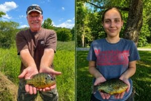 West Virginia anglers Ken Neer (left) and Sierra Adamson each caught state-record pumpkinseed sunfish in summer 2026. Adamson's catch surpassed Neer's record just 19 days after it established the species' first official place in the state's record books.
