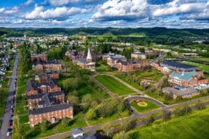 West Virginia Wesleyan College occupies a scenic hilltop overlooking the broad Buckhannon River Valley in north-central West Virginia. The 135-year-old liberal arts college combines historic brick architecture with a picturesque setting that places students within easy reach of the Appalachian Mountains while remaining a day's drive from many major Eastern U.S. cities.