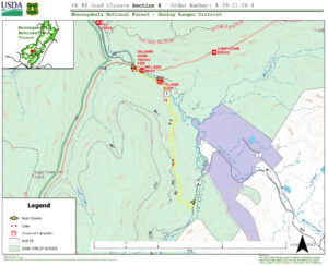 Map showing the section of Williams River Road (Forest Road 86) scheduled for phased closures beginning July 20 as the U.S. Forest Service repairs flood damage and improves access through the Monongahela National Forest.
