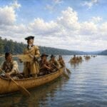 A young George Washington surveys the lands along the Ohio River during one of his frontier expeditions in the early 1770s. As a Virginia surveyor, soldier, and land speculator, Washington traveled the upper Ohio Valley to evaluate its forests, waterways, and settlement potential, helping shape the region's early colonial history. (WVExplorer Illustration)