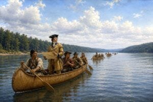 A young George Washington surveys the lands along the Ohio River during one of his frontier expeditions in the early 1770s. As a Virginia surveyor, soldier, and land speculator, Washington traveled the upper Ohio Valley to evaluate its forests, waterways, and settlement potential, helping shape the region's early colonial history. (WVExplorer Illustration)