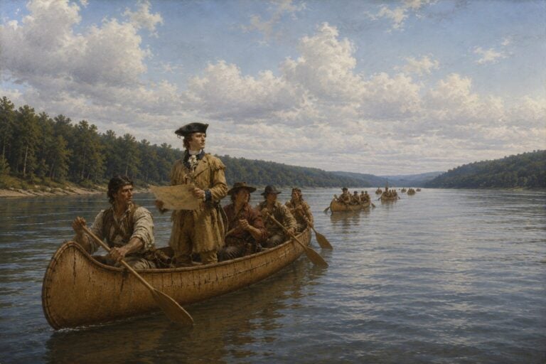 A young George Washington surveys the lands along the Ohio River during one of his frontier expeditions in the early 1770s. As a Virginia surveyor, soldier, and land speculator, Washington traveled the upper Ohio Valley to evaluate its forests, waterways, and settlement potential, helping shape the region's early colonial history. (WVExplorer Illustration)