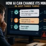 An illustration shows how an AI system can give a correct answer, then reverse itself after a user pushes back — a tendency known as “AI sycophancy” that a West Virginia University researcher is studying. (WVExplorer illustration)