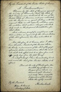 President Abraham Lincoln's April 20, 1863, proclamation declaring that West Virginia had met the conditions for admission to the Union, setting the stage for the Mountain State to officially become the nation's 35th state on June 20, 1863.