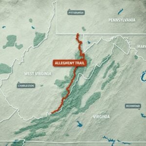 The Allegheny Trail stretches approximately 320 miles across West Virginia, connecting the Pennsylvania state line near Bruceton Mills with Peters Mountain on the Virginia border. The volunteer-maintained route is the longest hiking trail entirely within the Mountain State.