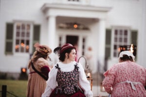 Period-costumed interpreters greet visitors outside Blennerhassett Mansion during Mansion by Candlelight, an annual fall event that brings the island's early American history to life after dark. (Photo courtesy Greater Parkersburg CVB)
