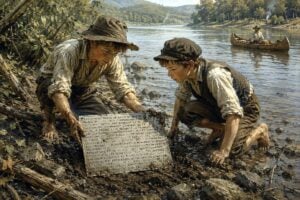 An artistic reconstruction depicts boys discovering Céloron’s 1749 lead plate along the riverbank at Point Pleasant in 1846. According to a later account, the boys were searching for stones to use as fishing sinkers when they found the plate exposed among the roots of an elm.