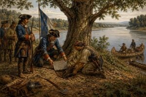 An illustration depicts Capt. Pierre-Joseph Céloron de Blainville's expedition burying a lead plate near the confluence of the Ohio and Great Kanawha rivers in 1749, asserting France's claim to the Ohio Valley. The scene is an artistic reconstruction.