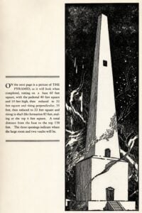 William “Coin” Harvey’s published design for the 130-foot pyramid he planned at Monte Ne, Arkansas, where he intended to preserve records and knowledge for survivors of a future collapse of civilization.